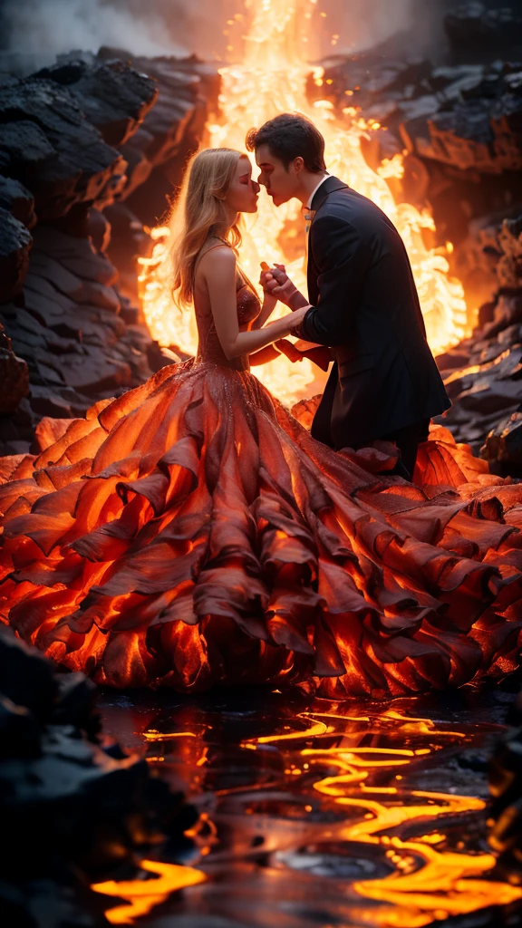 masterpiece, Best quality, detailed, high resolution, (flame/hot焰/flame,Dynamic Scenes:1.3),Romantic couple kissing in fire,Firestorm, on fire, Weird fantasy image, Very good skin texture,Magic Circle, Casting a Spell, peculiar, 紫色strength, strength, hot, meteor,