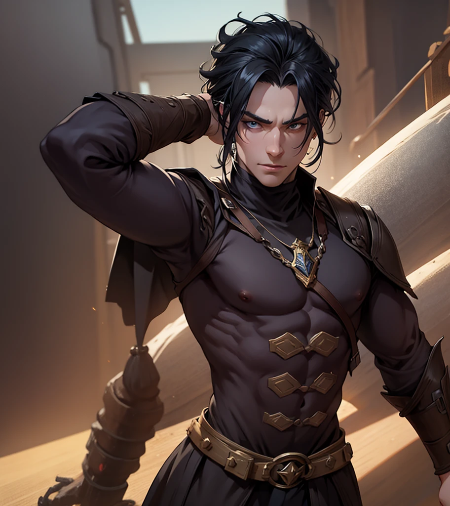 (((Solo character image.))) (((Generate a single character image.)))  1boy (((Dressed in medieval fantasy attire.))) (((Very sexy facial expression.)))  Sexy male fantasy character.  Physique like a male warrior.  Generate an exciting yet sinister male fantasy adventurer for a dark and eerie fantasy setting.  He has shoulder length black hair and has a sinister attire and looks like an exciting villain for a fantasy setting. Large, sexy crotch area. Swashbuckler fashion. Great abs.  Great male physique.  This character is human, very dangerous and looks full of mischief.  He appears about 20 years old.  Ideal physique.  Realistic image.  Looks like a male version of actress Payton Preslee.  He has a legendary beauty that makes him memorable and a pleasure to look at.  Dresses like a male gypsy.  Romani. 