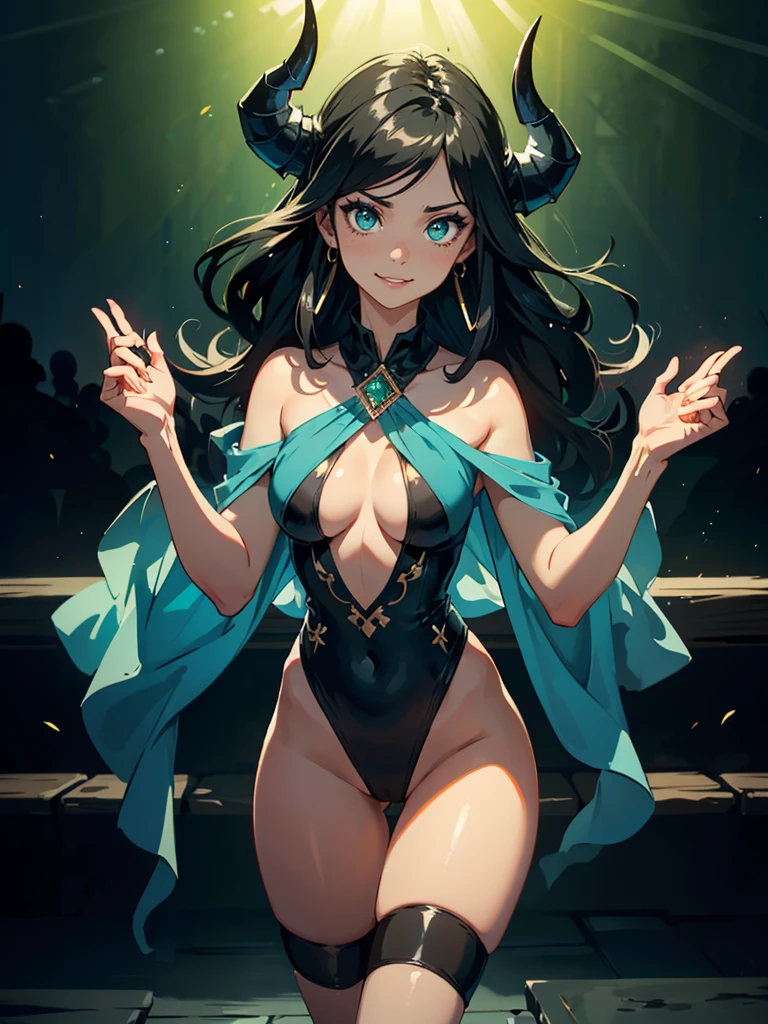 masterpiece, high quality, 1_woman, (upper body), (dancing), (exotic skin_complexion:1.4), mature, tall, beautiful, exotic, long black horns on head, long hair, black hair, cute bangs, flowing hair, detailed face, having diamond shaped eyes, emerald green eyes, (stoic eyes), (dark_eyeliner), long_eyelashes, (hands up), dark lipstick, ((smirking)), large_bust, (wearing collar around neck with an emerald green gem embedded in it, one_piece (blue) swimsuit), chest window, bare_shoulders, diaphanous shawl, black thigh highs, ((thigh_gap)), (cameltoe), natural dynamic lighting casts detailed shadows, on a wooden stage, in rustic brothel, spot lights, ((Dark night)), Portrait, color difference, Depth of field, dramatic shadows, Ray tracing, Best quality, Cinematic lighting ,official art,