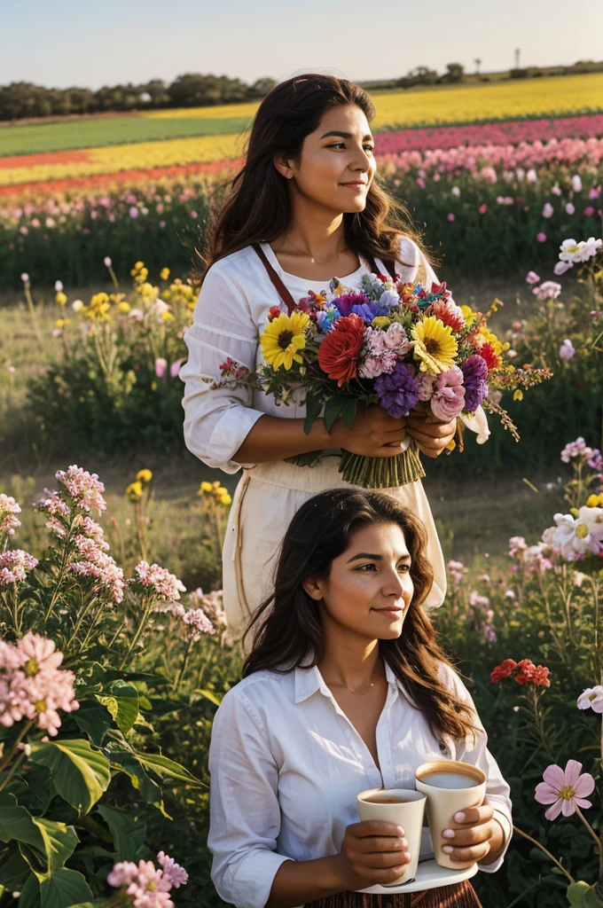 A Tehuana woman surrounded by flowers in an open field with cups of coffee and chocolate, bread and colorful flags