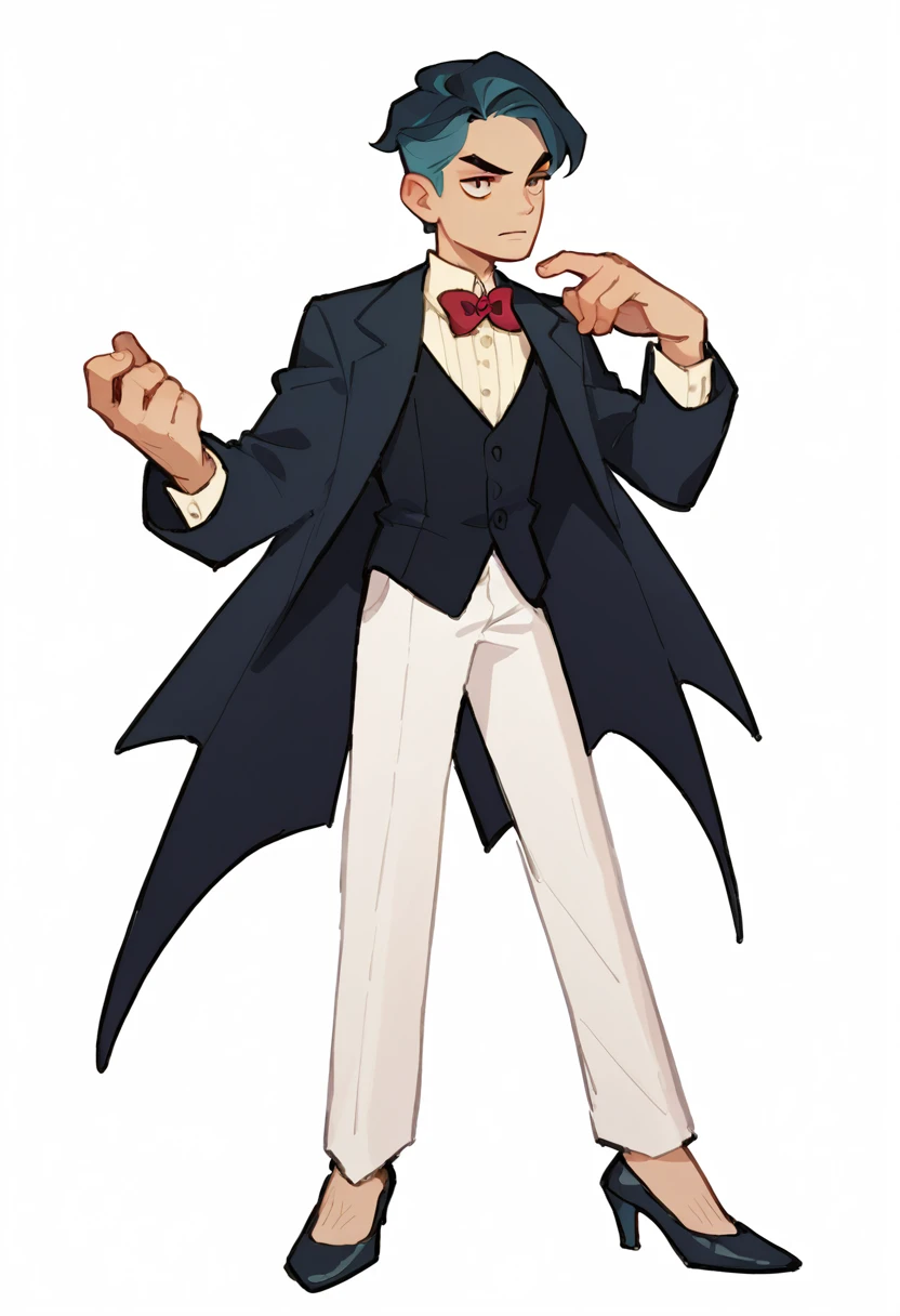 An evil young man, male adult, raising one hand, elegant, fancy clothes, white, elegant male shoes, man's shoes, male, eye medallion, tall, white background
