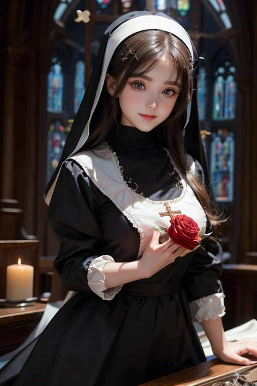 fine details, high resolution, in old England,night view,high quality,((baby face)),(nun clothes),(catch light),(Cross and roses),big eyes,in the room, Perfect dynamic composition, Beautiful and delicate eyes, Medium long hair,smile,natural color lips,Kamimei、bun hair,England church rooftop,20 year old girl,1 person,clear skin,big smile, best quality, illustration, Super detailed, fine details, high resolution, 8K、The correct state of the human body、Random pose,Sculpt model pose,