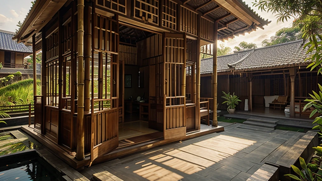 balinese bamboo house exterior, photorealistic, sunlight from the left