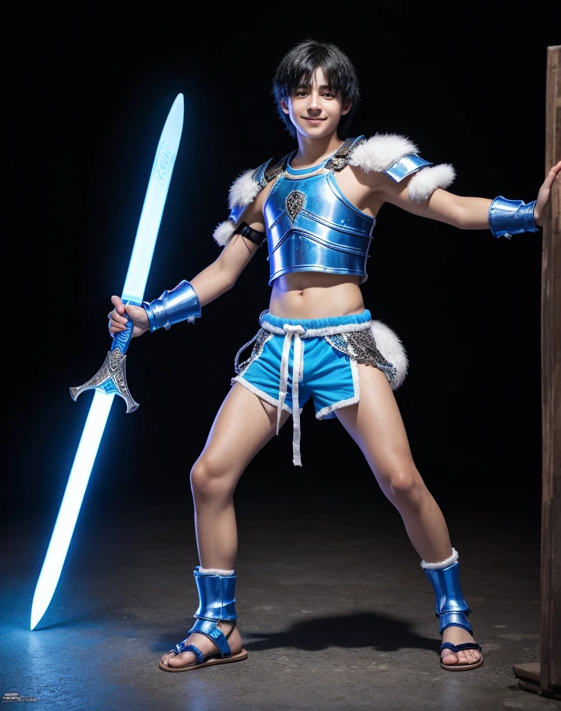 Young 13-year-old boy with black hair and brown eyes, innocent and happy, dressed in short neon-blue medieval barbarian clothes, fur shorts, light-blue battle armor, weilding silver sword and shield, sandals; fullbody; short hair, boyish athletic, sexy,