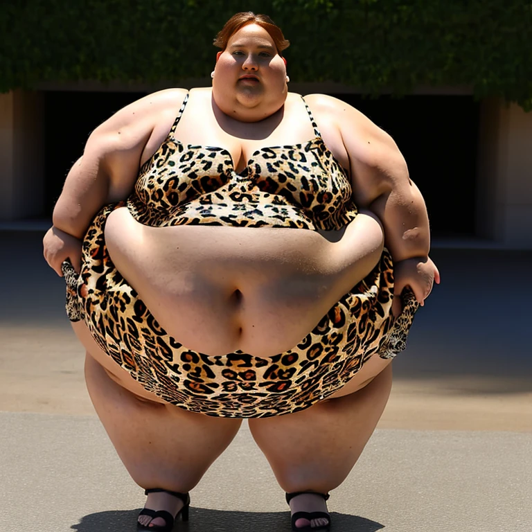 Ssbbw extremely morbidly obese solo Jennifer Lawrence full body alone wearing a leopard dress