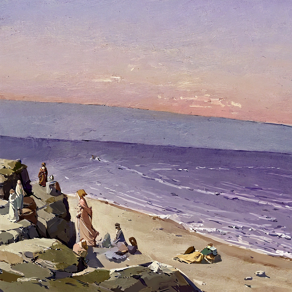 The scene is set in a quiet, peaceful twilight. The sky is painted in shades of purple, pink and gold, as the sun sets in the distance, casting a soft glow over the landscape, Foreground - A lone figure standing on a cliff, silhouetted against a clear sky, Background - The far horizon reveals a vast ocean , the waves lapping gently on the beach, Middle Earth - Around the figure are scattered remnants of shared memories: weathered diaries, pages fluttering in the wind, and old photographs held loosely in the figure's hands, Details and Atmosphere - The air feels thick with nostalgia and melancholy, as if the scene itself breathes with the emotions of the figures, Mood - The overall mood is bitter, reflecting the beauty of the sunset and the sadness of parting.