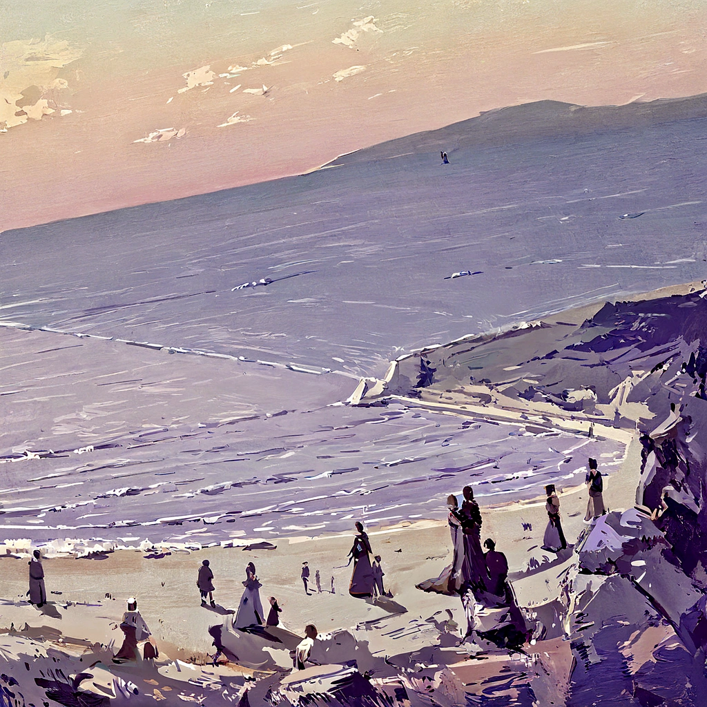 The scene is set in a quiet, peaceful twilight. The sky is painted in shades of purple, pink and gold, as the sun sets in the distance, casting a soft glow over the landscape, Foreground - A lone figure standing on a cliff, silhouetted against a clear sky, Background - The far horizon reveals a vast ocean , the waves lapping gently on the beach, Middle Earth - Around the figure are scattered remnants of shared memories: weathered diaries, pages fluttering in the wind, and old photographs held loosely in the figure's hands, Details and Atmosphere - The air feels thick with nostalgia and melancholy, as if the scene itself breathes with the emotions of the figures, Mood - The overall mood is bitter, reflecting the beauty of the sunset and the sadness of parting.