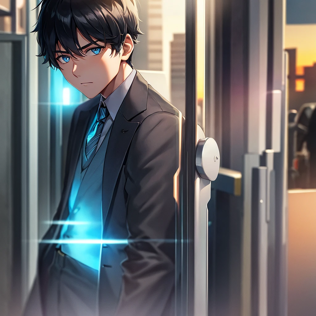 1boy, short black hair, light blue eyes, wearing all black suits, street, sunset, high res, ultrasharp, 8k, masterpiece, looking at viewer from behind