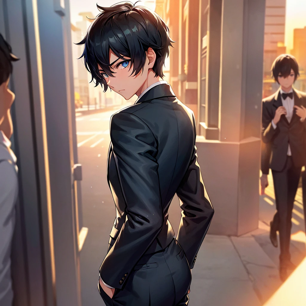 1boy, short black hair, light blue eyes, wearing all black suits, street, sunset, high res, ultrasharp, 8k, masterpiece, looking at viewer from behind