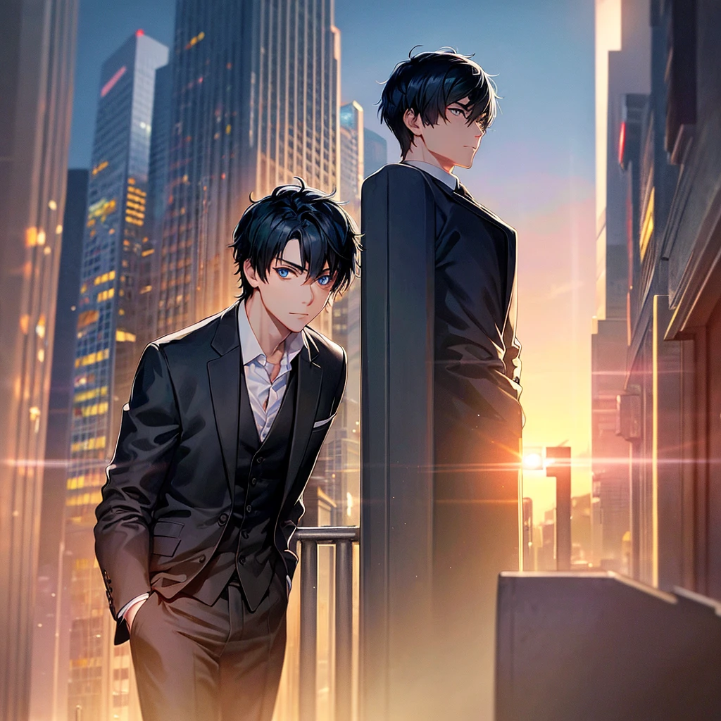 1boy, short black hair, light blue eyes, wearing all black suits, street, sunset, high res, ultrasharp, 8k, masterpiece, looking at viewer from behind