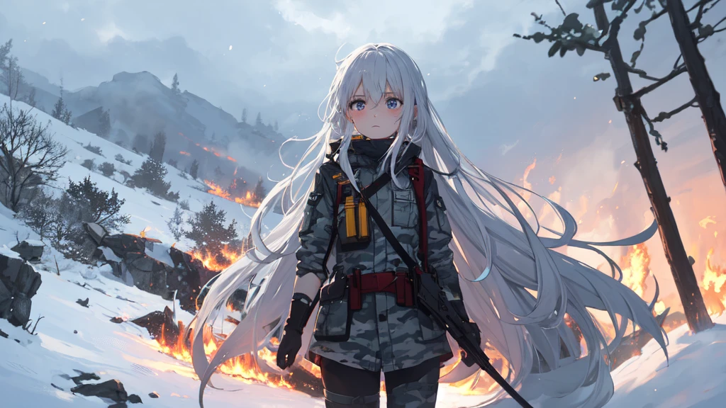 masterpiece:1.2), best quality , 独奏 ,pixiv, anime girl ，long straight white hair , black eyes ,Wearing off-white camouflage uniform ,ten years old，modern battlefield，(Eyes looking into the distance:1.3)，(look away:1.5)，snowy weather，dirty face，The background is a sea of fire with blood on the forehead，dirty face，Backlight，Bare rocky peaks ,Fierce flames are burning，The expression is sad，bullets flying，leave tears