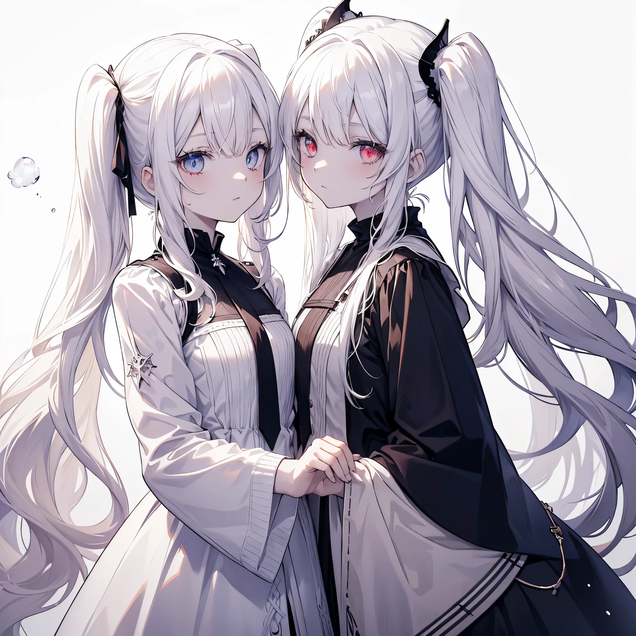 Two girls, red eyes and beige hair, blue eyes and white hair, twin tails, long hair, monochrome gothic fashion, white background, water and fire magic