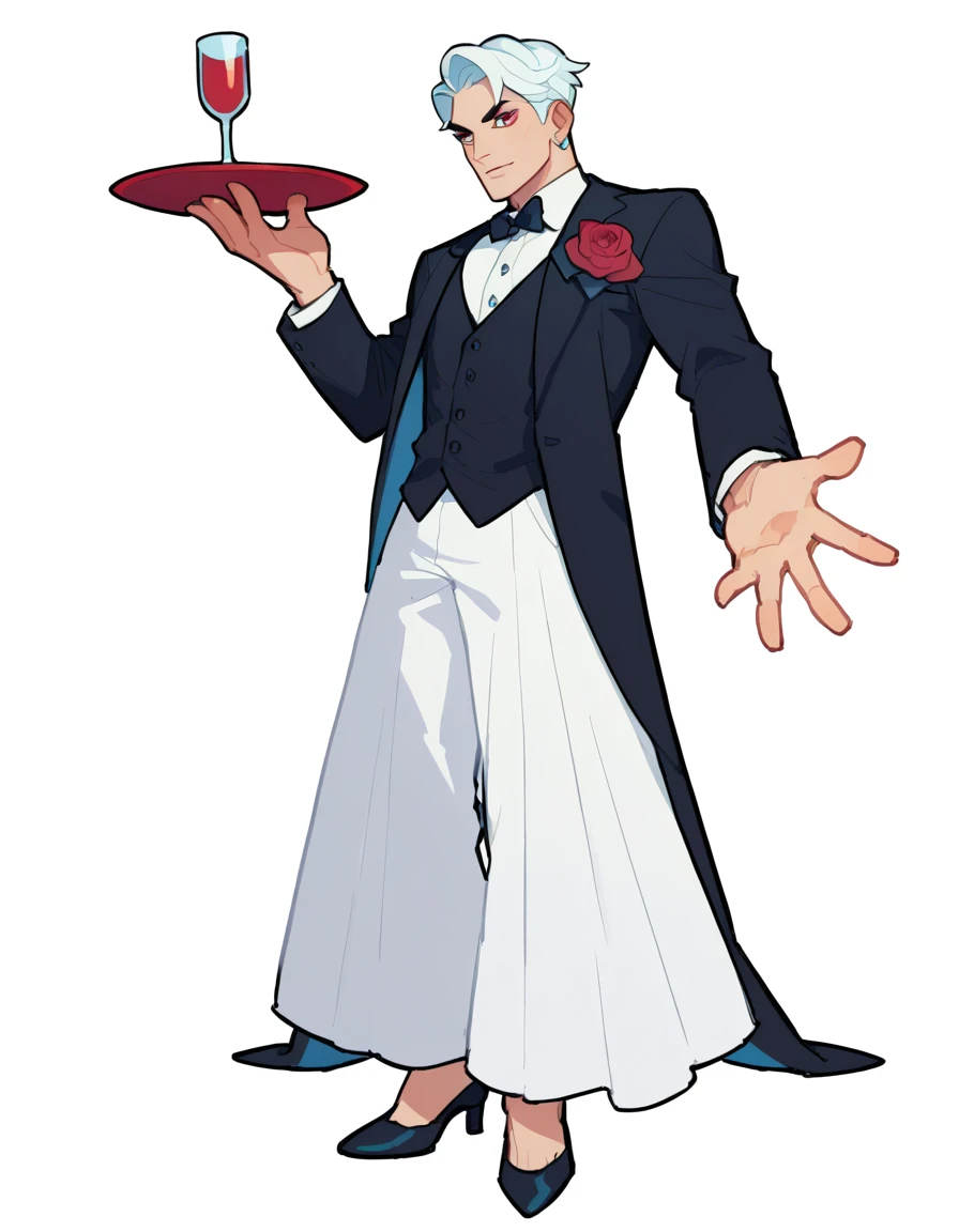 An evil young man, male adult, raising one hand, elegant, fancy clothes, white, elegant male shoes, eye medallion, tall, white background