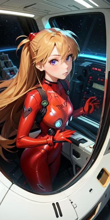 (Overhead view),dynamic angle,ultra-detailed, illustration, close-up, straight on, 1girl, 
 ((souryuu asuka langley, interface headset, red bodysuit:1.4, blonde)),Her eyes shone like dreamy stars,(glowing eyes:1.233),(beautiful and detailed eyes:1.1),(expressionless,closed mouth),(standing), 
(mechanic room with toolsand spaceship windowin a white SPACESHIP),
(night:1.2),dreamy, [[delicate fingers and hands:0.55]::0.85],(detail fingers),