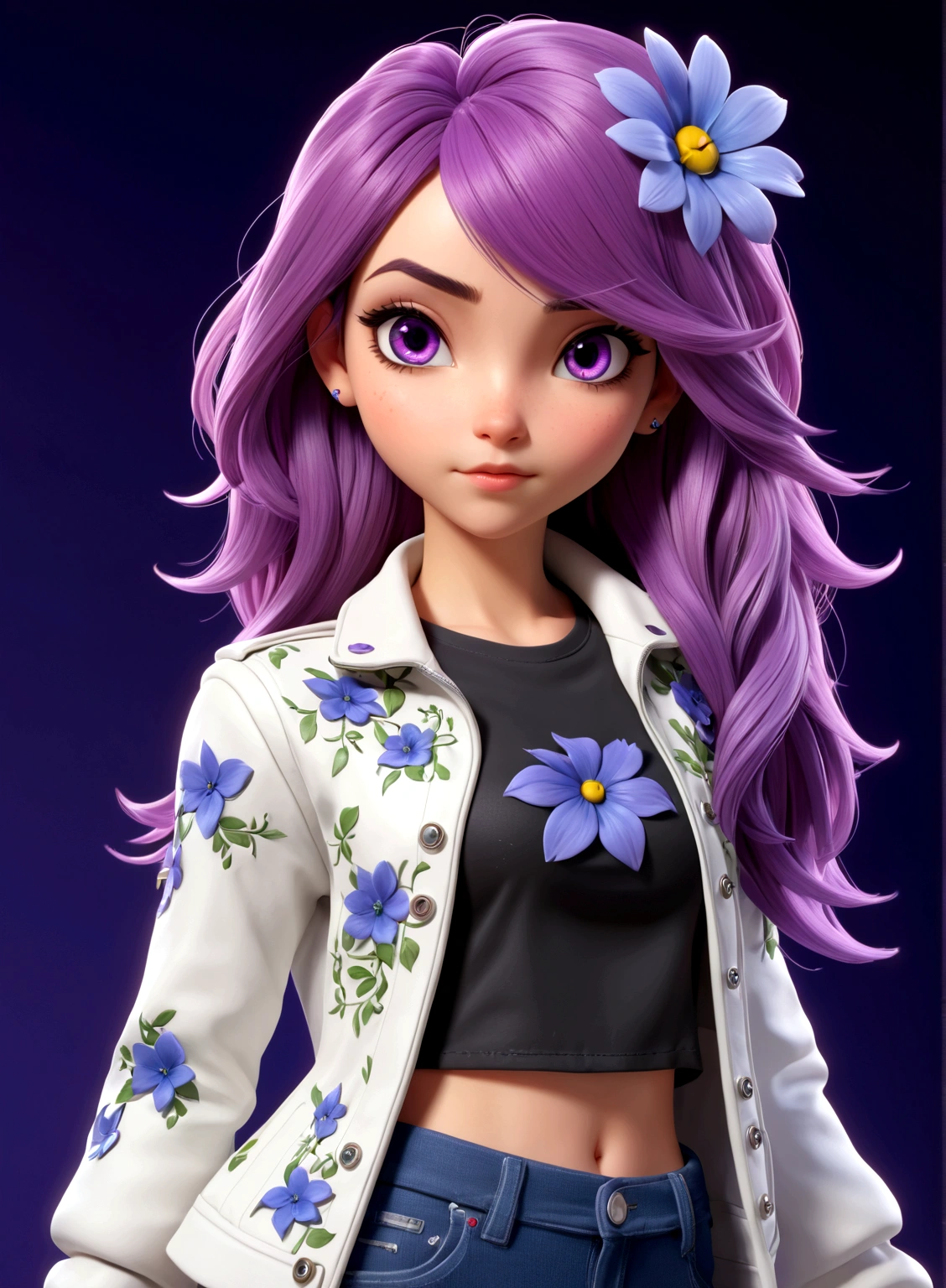 3D render of girl, long purple hair, white jacket with blue flower designs, black t-shirt, denim jeans, purple and whir sneakers, Overwatch style