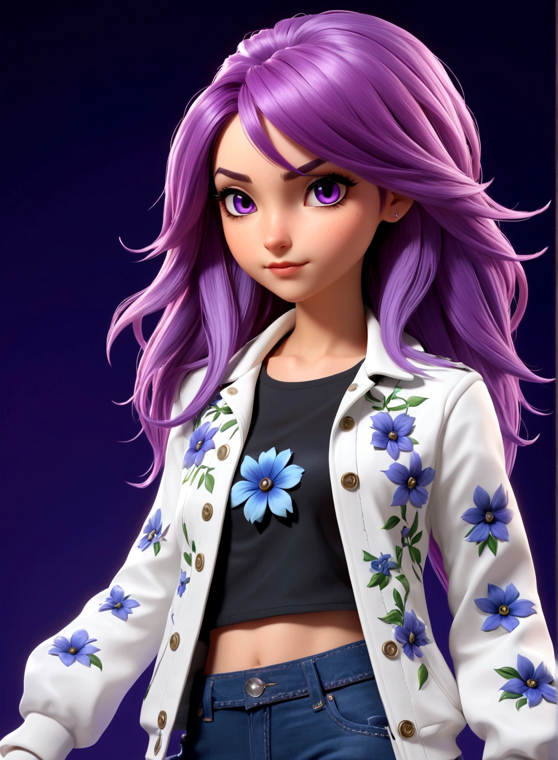 3D render of girl, long purple hair, white jacket with blue flower designs, black t-shirt, denim jeans, purple and whir sneakers, Overwatch style