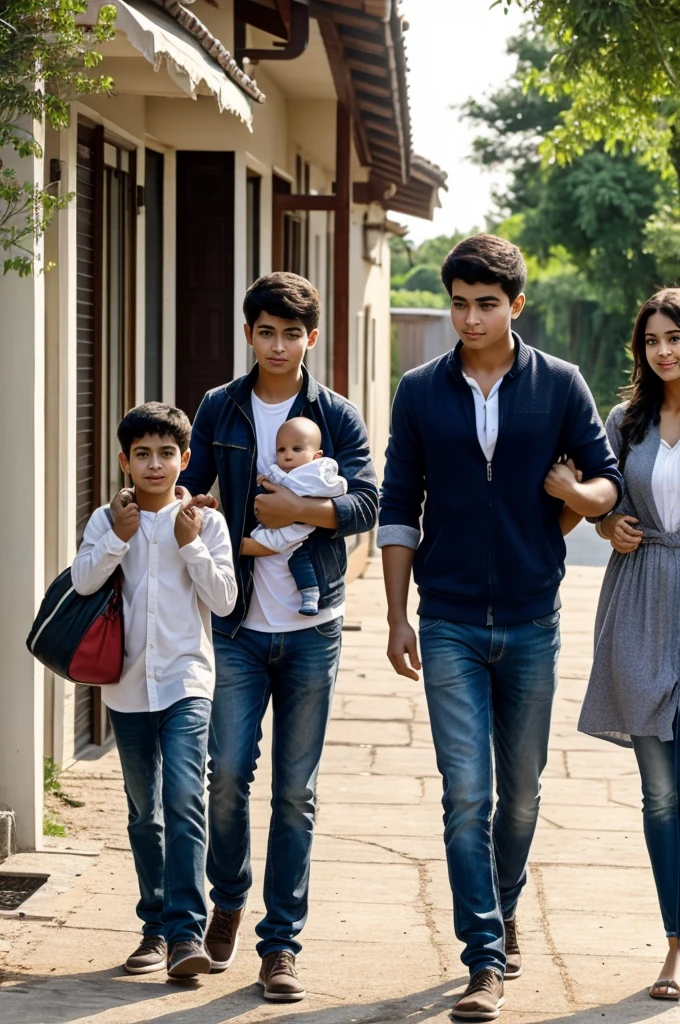 A boy leaving home after finished his leisure and her family see that