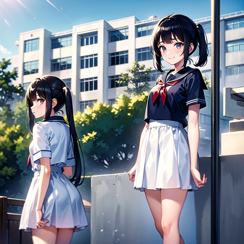(best quality, masterpiece, high-resolution, detail),
a girl, 15yo,
standing, 
low pigtails, (low twin tails:1.2), black hair,
navy blue , sailor uniform,
front,
gentle smile,
BREAK
((high school), school building on the back), 4-story white school building,
square, outdoor, tree on side,