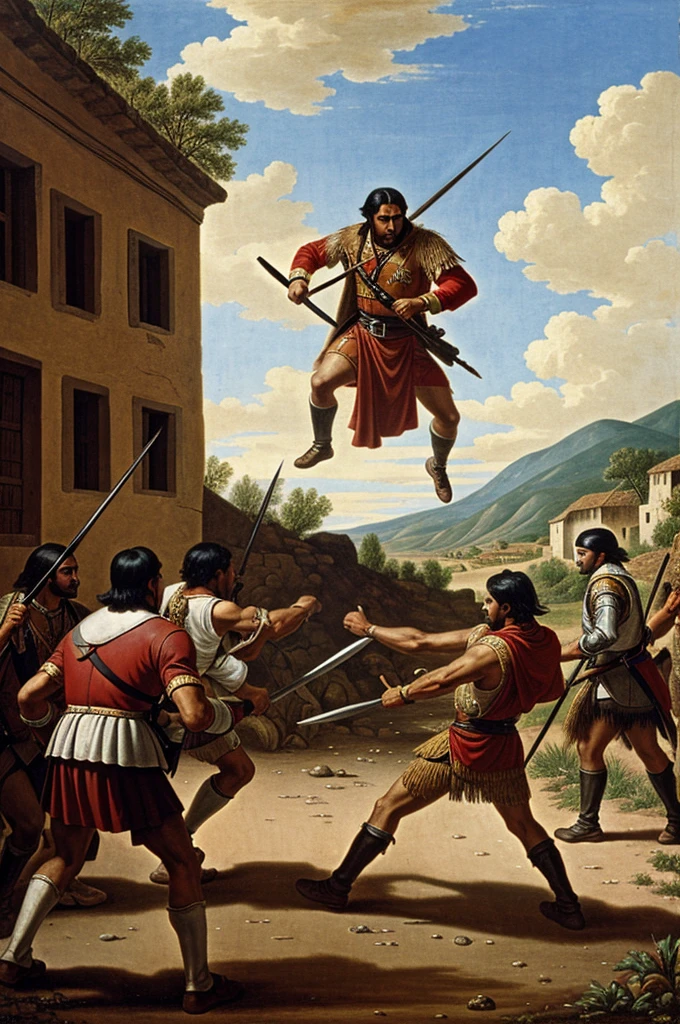 A combat in the middle of a road by an indigenous warrior against the Spanish in colonial times