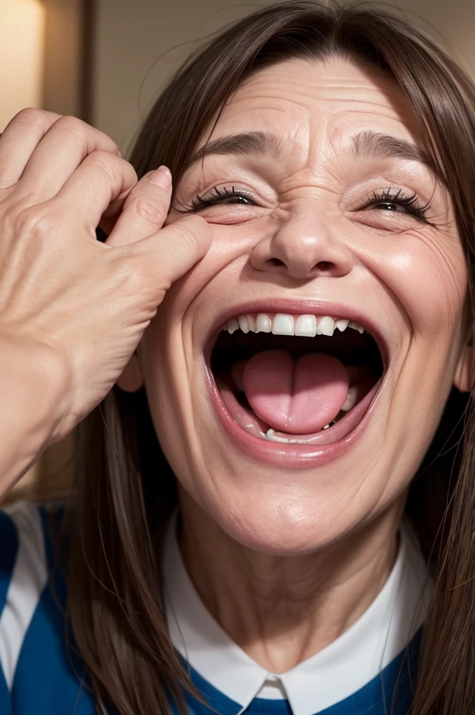 Generate an image of a very ugly, toothless old woman full of wrinkles and a brunette laughing