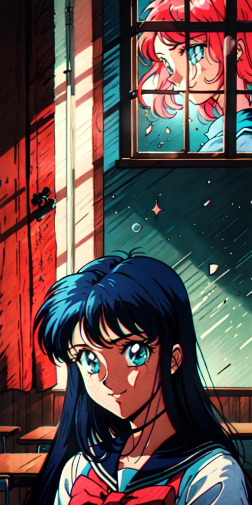 (masterpiece, best quality, beautiful and aesthetic:1.3), 1girl, light smile, solo, EPTakeuchiNaokoStyle, turquoise hair, very long hair, twintails, upper body, closeup portrait, , sailor collar, looking at viewer, indoors, school, classroom, windows, standing, beautiful face, beautiful eyes, 1990s \(style\), anime screencap, retro artstyle, anime coloring, traditional media, 