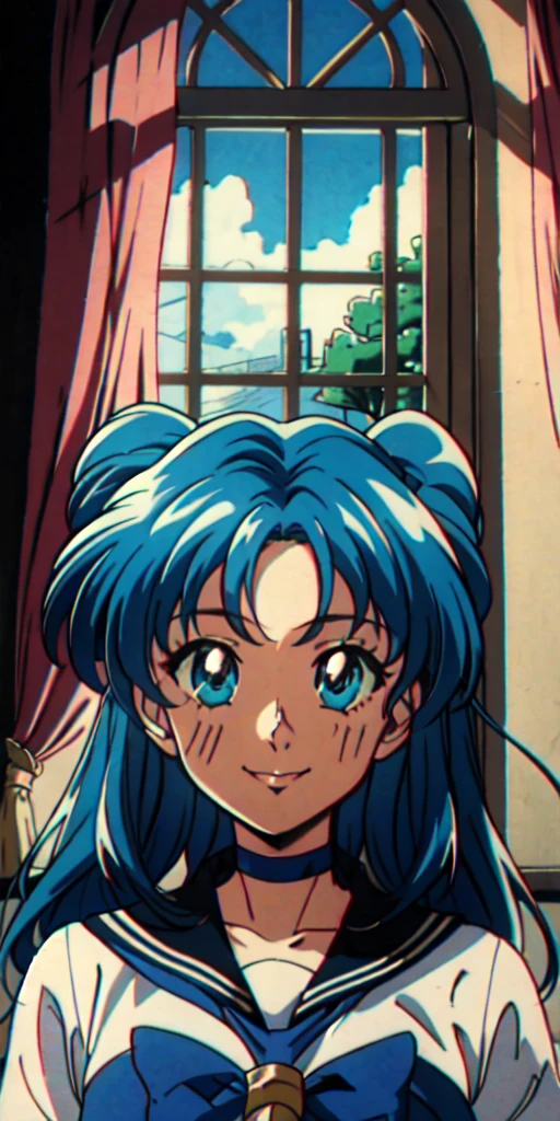 (masterpiece, best quality, beautiful and aesthetic:1.3), 1girl, light smile, solo, EPTakeuchiNaokoStyle, turquoise hair, very long hair, twintails, upper body, closeup portrait, , sailor collar, looking at viewer, indoors, school, classroom, windows, standing, beautiful face, beautiful eyes, 1990s \(style\), anime screencap, retro artstyle, anime coloring, traditional media, 