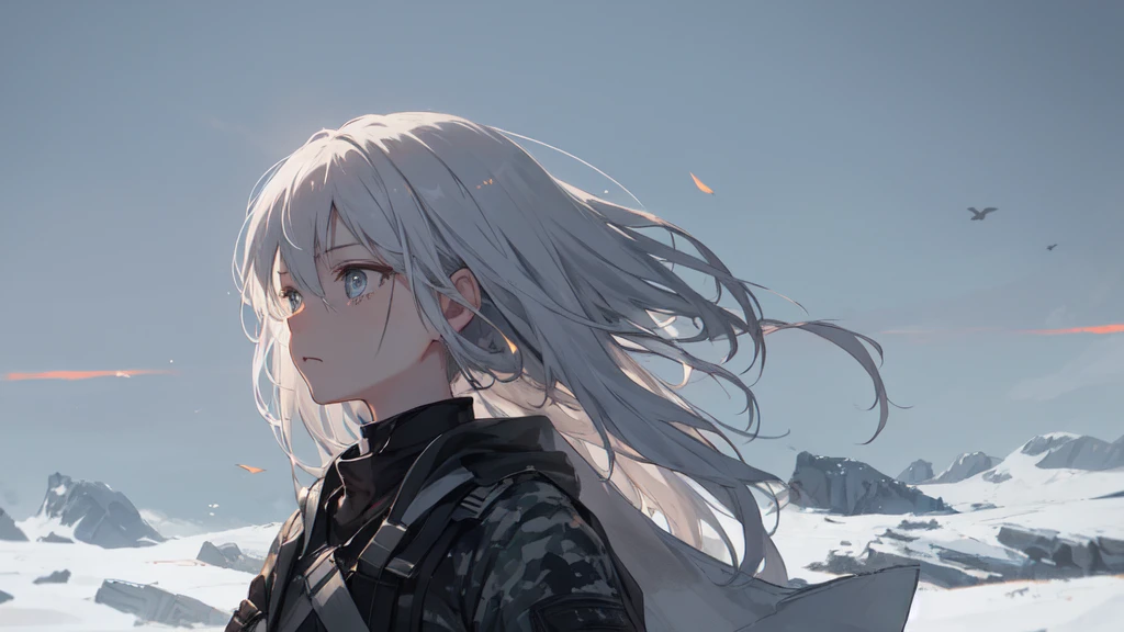 masterpiece:1.2), best quality , 独奏 ,pixiv, anime girl ,long straight white hair , black eyes ,Wearing off-white camouflage uniform ,ten years old,modern battlefield,(Eyes looking into the distance:1.3),(look away:1.5),snowy weather,dirty face,The background is a sea of fire with blood on the forehead,dirty face,Backlight,Bare rocky peaks ,Fierce flames are burning,The expression is sad,bullets flying,leave tears