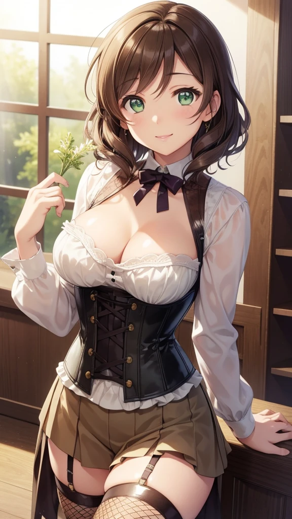 nozomitoujou, nozomi toujou, green eyes, brown hair, short curly hair, breasts, masterpiece, best quality, high resolution, beautiful detailed eyes, extremely detailed face, good lighting, detailed CG, messy hair, glossy lips, light smile, corset, fishnets, thigh boots