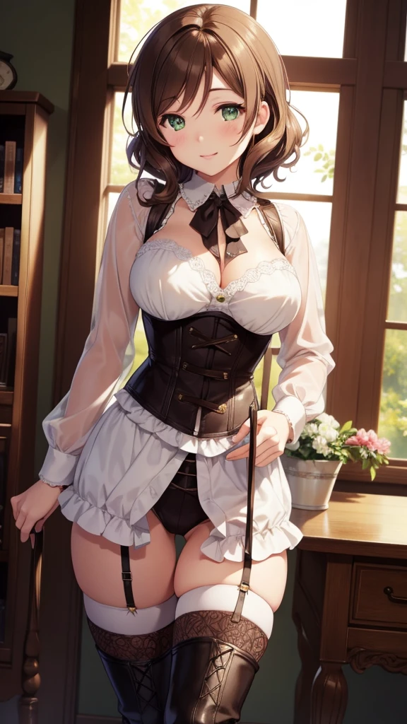 nozomitoujou, nozomi toujou, green eyes, brown hair, short curly hair, breasts, masterpiece, best quality, high resolution, beautiful detailed eyes, extremely detailed face, good lighting, detailed CG, messy hair, glossy lips, light smile, corset, fishnets, thigh boots