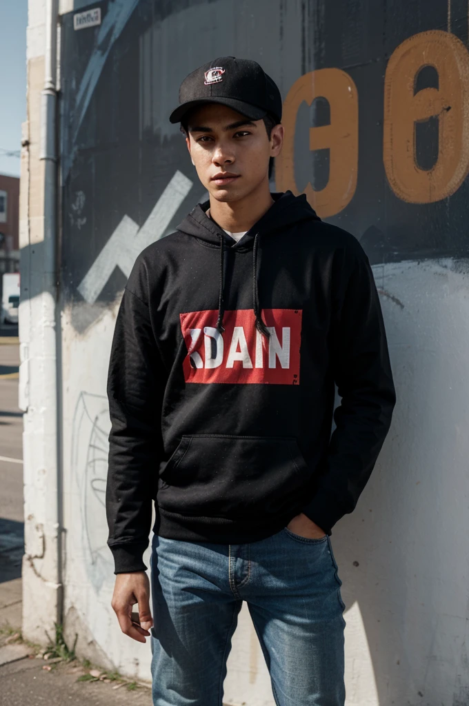 The image is of a young man standing in front of a mural. The mural depicts a man in a suit and hat holding a gun, with the words "DAENG CONNECTION" written in large red letters. The young man is wearing a black hoodie and jeans, and he is looking directly at the camera. The scene is set in a city environment. The image is a powerful and evocative one, with the young man's presence adding a sense of mystery and intrigue. It is also a reminder of the power of art to inspire and challenge us. The mural is a striking visual, and the young man's presence adds a sense of human connection to the image. The juxtaposition of the young man and the mural creates a dialogue between the two, and the viewer is left to ponder the meaning of the image.