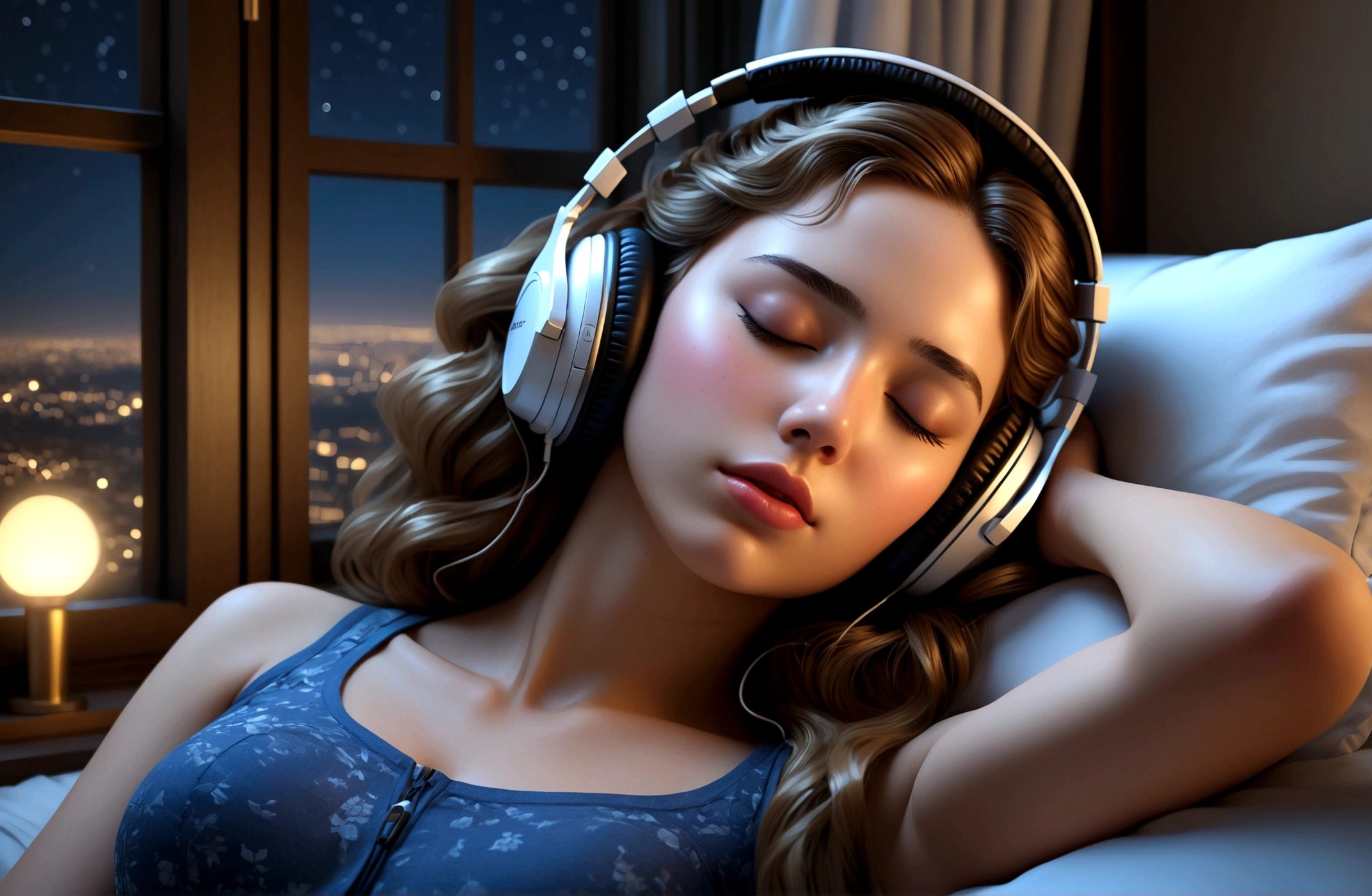 masterpiece, highest quality, beautifully, 1girl, eyes closed, sleeping, detailed lips, detailed hair, detailed outfit, headphones, bedroom, night, window opened, cinematic lighting, photorealistic, 8k, hyper detailed, intricate details, (best quality:1.2), (realistic:1.37), (masterpiece:1.2)