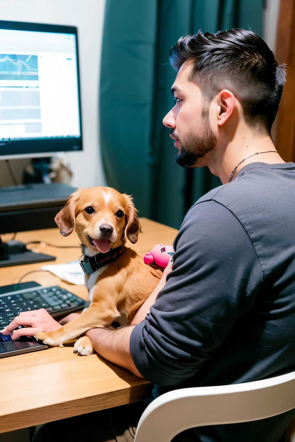 ((Highest quality)), ((masterpiece)), (detailed), Day Trader,Looking at the chart screen on a PC,Black-haired man,profile,Slender Men,Japanese,38 years old,Sitting on a chair,Chihuahua and toy poodle sleeping