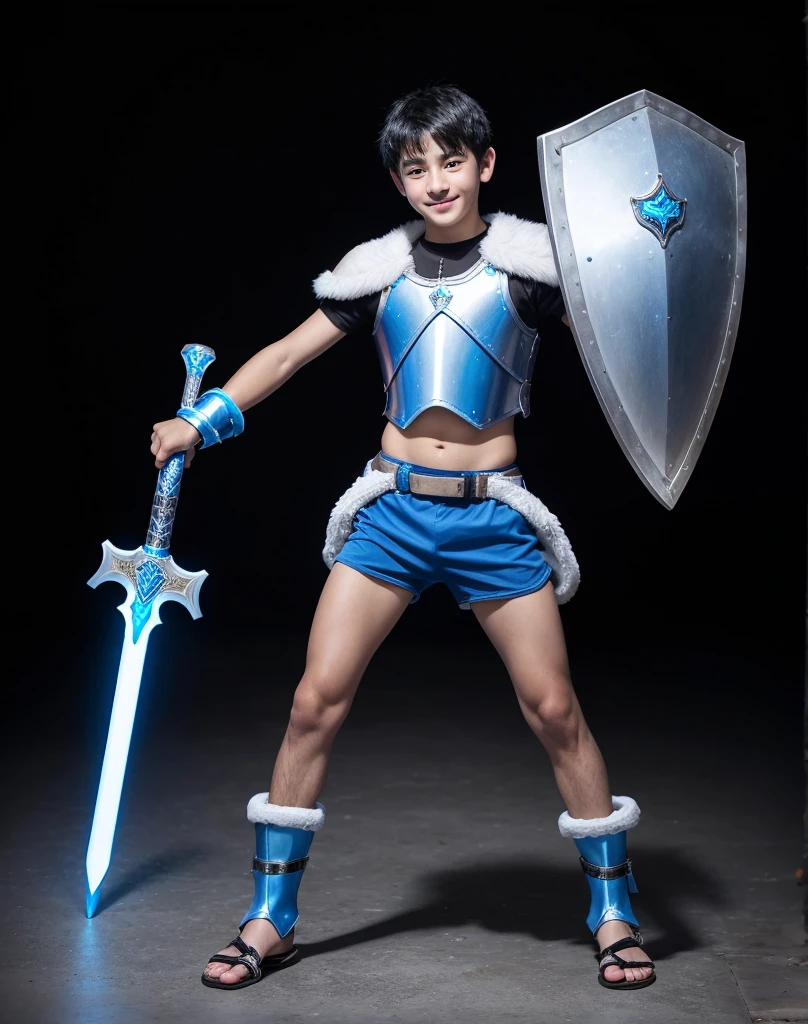 Young 13-year-old boy with black hair and brown eyes, innocent and happy, dressed in short neon-blue medieval barbarian clothes, fur shorts, light-blue battle armor, weilding silver sword and shield, sandals; fullbody; short hair, boyish athletic, sexy,