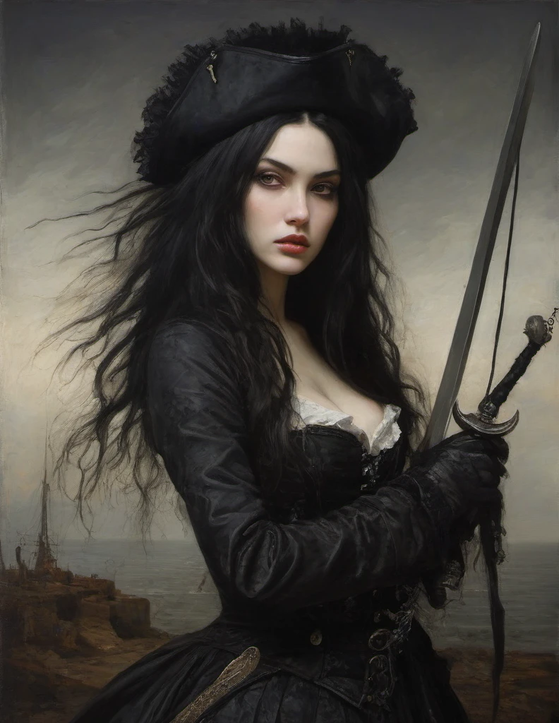 James Gurney, Surrealist art , dream-like, Mysterious, Provocative, symbolic, Complex, detailed,, (Gothic but very beautiful:1.4), (masterpiece, highest quality:1.4) , Nicola Samori Style, young girl with long black hair, gray eyes, pirate coat, corset, rapier