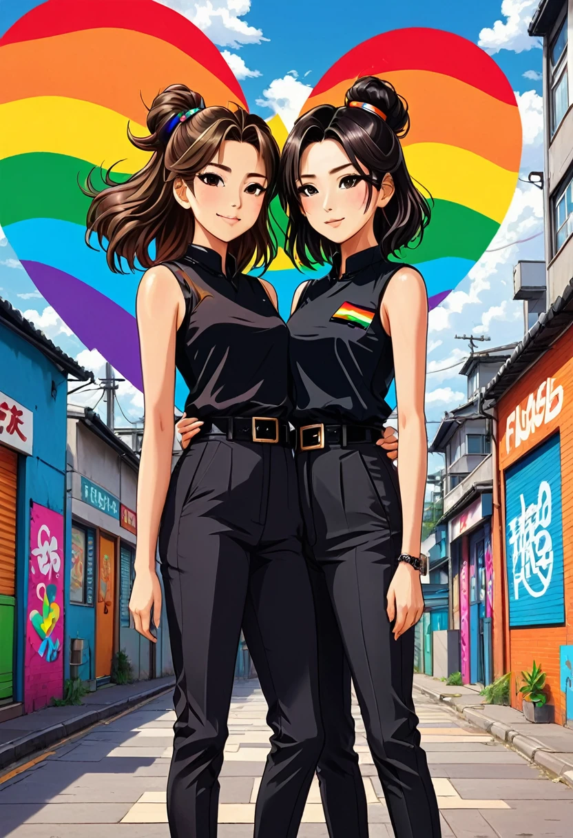 A beautiful and touching anime style illustration of two women expressing their love. FreenBecky's name "Love is Love" is written in bold, colorful graffiti-style letters, in 3D, imitating the colors of the rainbow flag. The first woman is a British beauty with semi-long, loose, straight brown hair, dressed casually in a black sleeveless shirt and black pants, with black high heels. The second woman, with Asian features, has black hair in a bun and wears a black sleeveless shirt with a lapel, black pants, and black high-heeled shoes. They hug her waist and hold a small rainbow flag each and show an attitude of empowerment. The dynamic composition shows the depth of their connection and respect for each other. They pose gently for the cameras and are surrounded by flashes