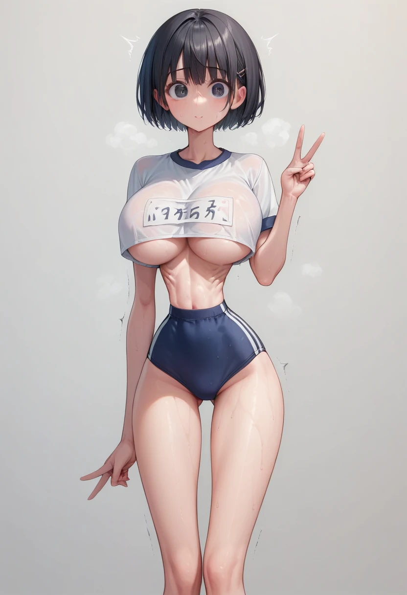 (masterpiece, best quality:1.2), Shader, High contrast, behind shot, 1girl, kawaii, (super big breasts, micro waist, very long legs:1.3), Black hair, short bob hair, short height, scrawny and thin body, Light Skin, cute big eyes, cute beautiful thin face, school gym buruma, pigeon-toed, wet and sweaty, visible ribs, V sign, Trembling