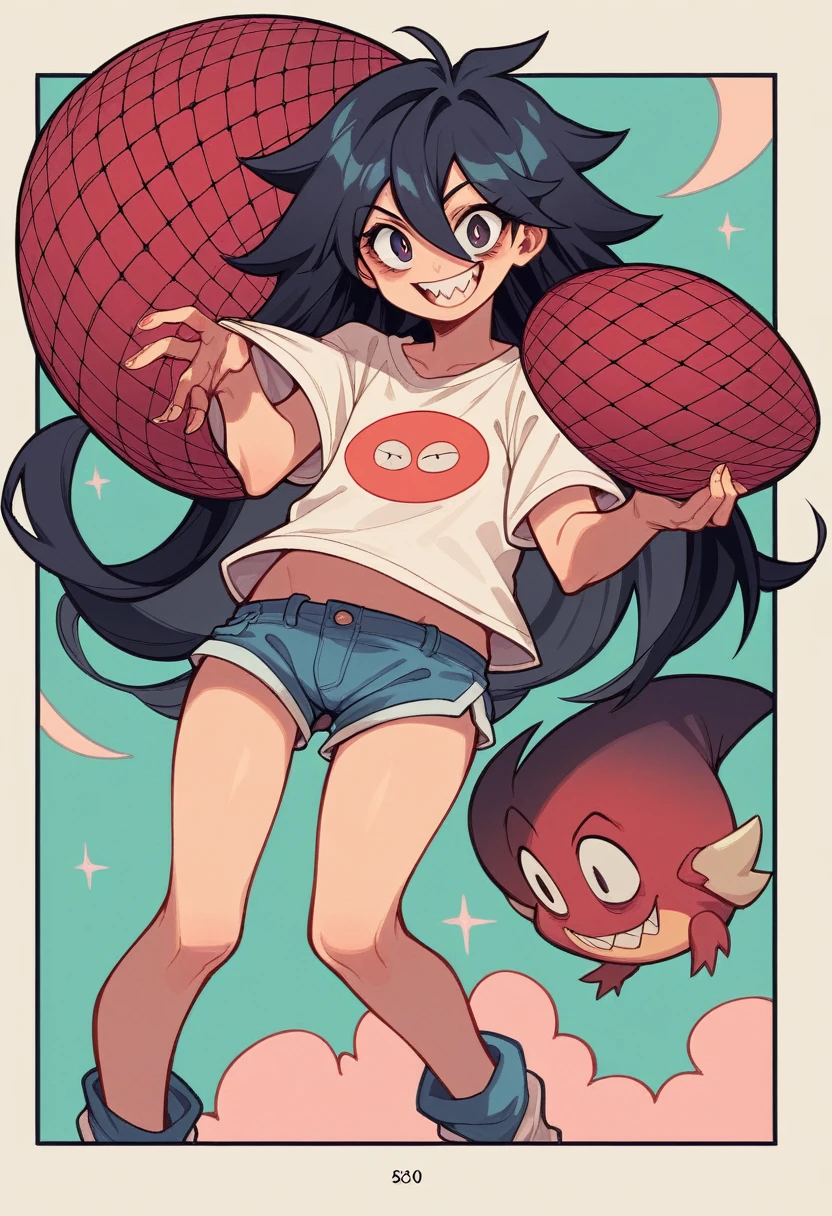 (Highest quality,4K,High resolution), With a girl, Red mesh hair on black hair, Straight long hair, Sharp Eye, smile, Oversized T-shirt,Shorts,Comical appearance,noisy,rampage,Comic Strip,And soul,Comical illustration,busy,Cute deformed illustrations,Compact size,