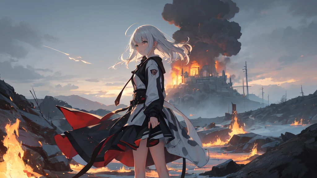 masterpiece:1.2), best quality , 独奏 ,pixiv, anime girl ，long straight white hair , black eyes ,Wearing off-white camouflage uniform ,ten years old，modern battlefield，(Eyes looking into the distance:1.3)，(look away:1.5)，snowy weather，dirty face，The background is a sea of fire with blood on the forehead，dirty face，Backlight，Bare rocky peaks ,Fierce flames are burning，The expression is sad，girl crying，bullets flying，leave tears