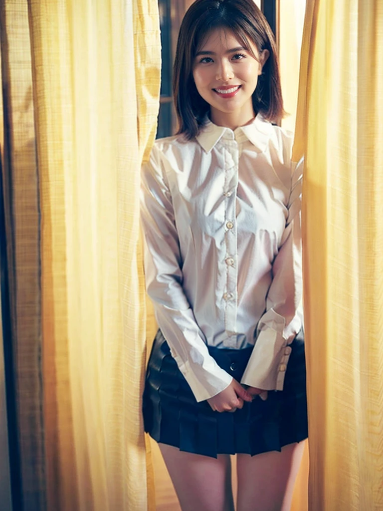 raw photo, 1girl, medium breast, collared blouse, light smile, detailed skin, Are standing, simple background, Above the knee, photorealistic, masterpiece, best quality, anatomically correct