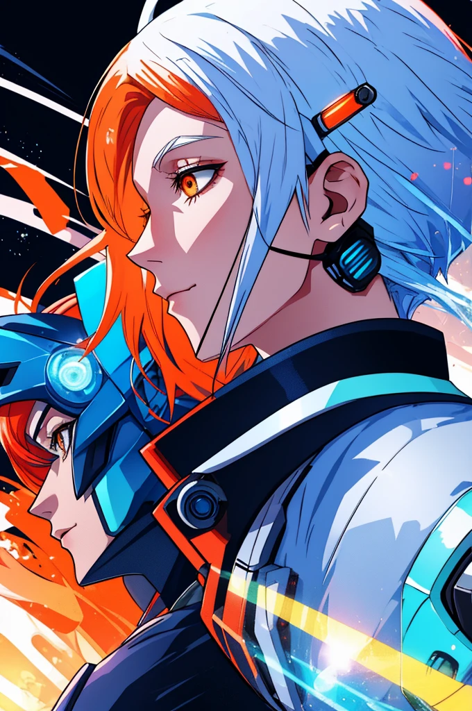 white hair, blue hair, orange hair, gradient hair, orange eyes, from side, profile picture, cyberpunk background, robotic, hair flowing over, volumetric lighting, light particles, sparkling eyes, dystopian, colorful