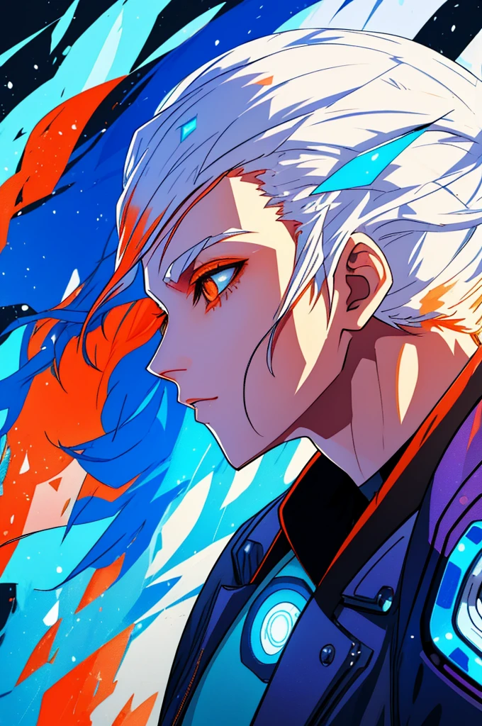 white hair, blue hair, orange hair, gradient hair, orange eyes, from side, profile picture, cyberpunk background, robotic, hair flowing over, volumetric lighting, light particles, sparkling eyes, dystopian, colorful
