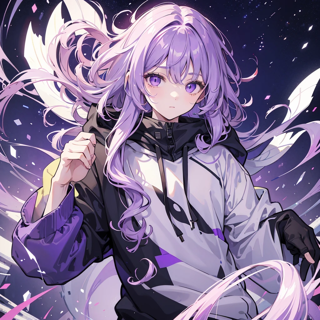 A man with white curly hair,have purple eyes,half face damaged,wearing hoodie,on nature set