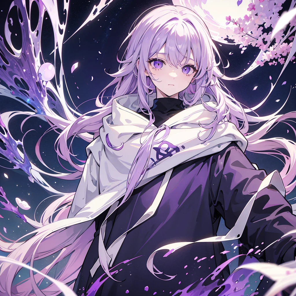 A man with white curly hair,have purple eyes,half face damaged,wearing hoodie,on nature set