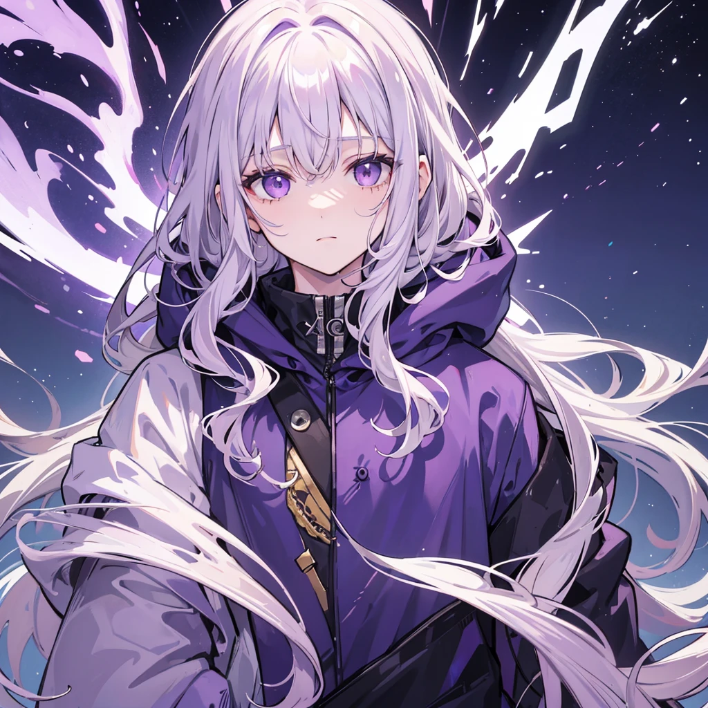 A man with white curly hair,have purple eyes,half face damaged,wearing hoodie,on nature set