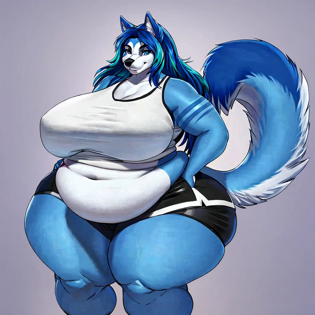 Malamute, female, long hair, gorgeous, beautiful, eyelashes, voluptuous, plump, belly rolls, fat arms, fat legs, ,tank top, shorts ,huge saggy breasts ,fringe on eye,heavy top, huge hips huge thighs heavy bottom ,sports bra,sports shorts, simple background , obese, belly rolls, fat rolls, belly rolls,belly overhang,rolled up tail, blue body, light blue stripes,blue highlights ,white,whitehighlights, blue highlights, blue stripes,blue hair,huge butt, blue eyes,blue thigh markings,huge breasts,