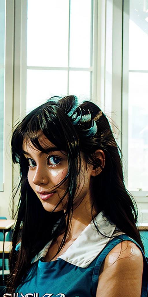 (masterpiece, best quality, beautiful and aesthetic:1.3), 1girl, light smile, solo, EPTakeuchiNaokoStyle, turquoise hair, very long hair, twintails, upper body, closeup portrait, , sailor collar, looking at viewer, indoors, school, classroom, windows, standing, beautiful face, beautiful eyes, 1990s \(style\), anime screencap, retro artstyle, anime coloring, traditional media,