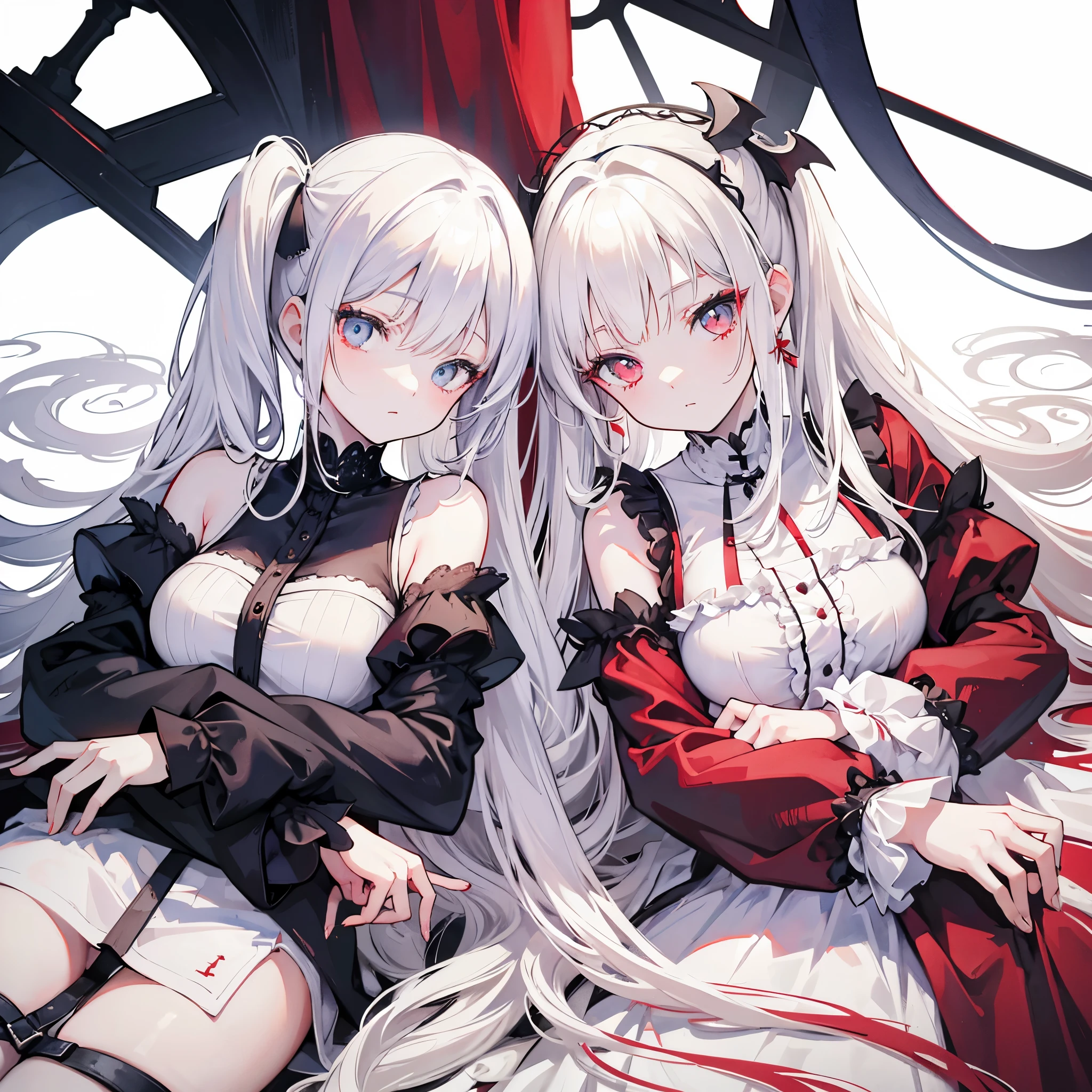 Two girls, red eyes and beige hair, blue eyes and white hair, twin tails, long hair, monochrome gothic fashion, white background, lying down