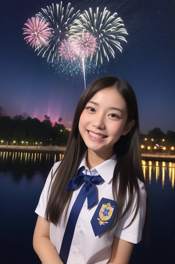 A smile、hi-school girl、Uniforms、shortsleeves、An amusement park、While doing fireworks、starrysky、Aurora