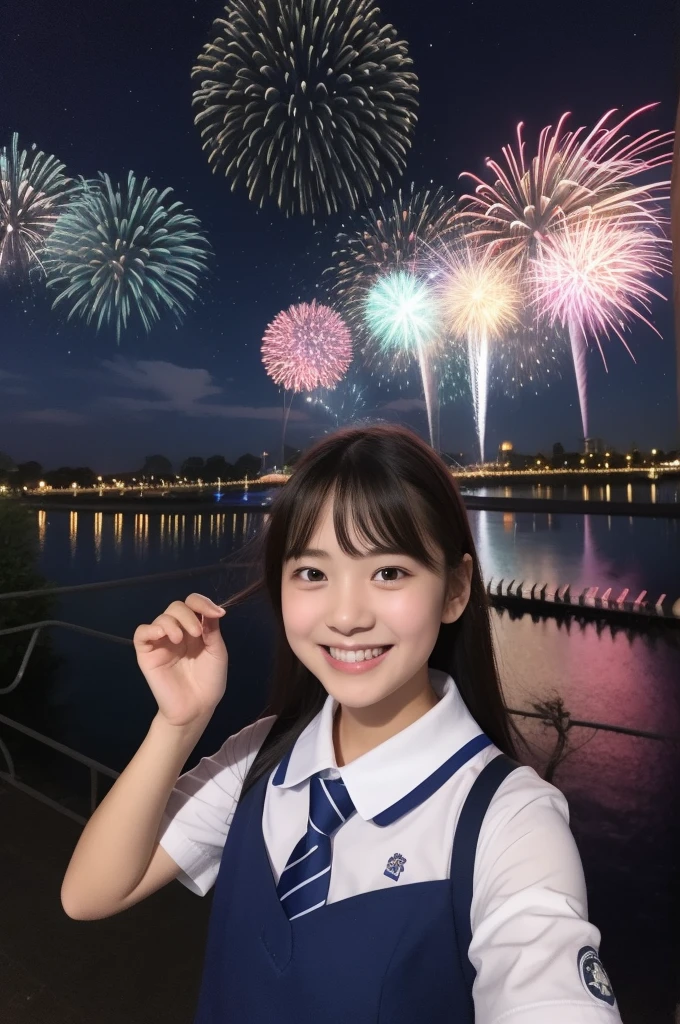 A smile、hi-school girl、Uniforms、shortsleeves、An amusement park、While doing fireworks、starrysky、Aurora