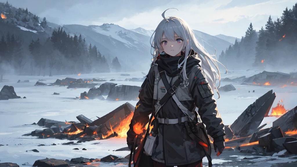 masterpiece:1.2), best quality , 独奏 ,pixiv, anime girl ，long straight white hair , black eyes ,Wearing off-white camouflage uniform ,ten years old，modern battlefield，(Eyes looking into the distance:1.3)，(look away:1.5)，snowy weather，dirty face，The background is a sea of fire with blood on the forehead，dirty face，Backlight，Bare rocky peaks ,Fierce flames are burning，The expression is sad，bullets flying，leave tears